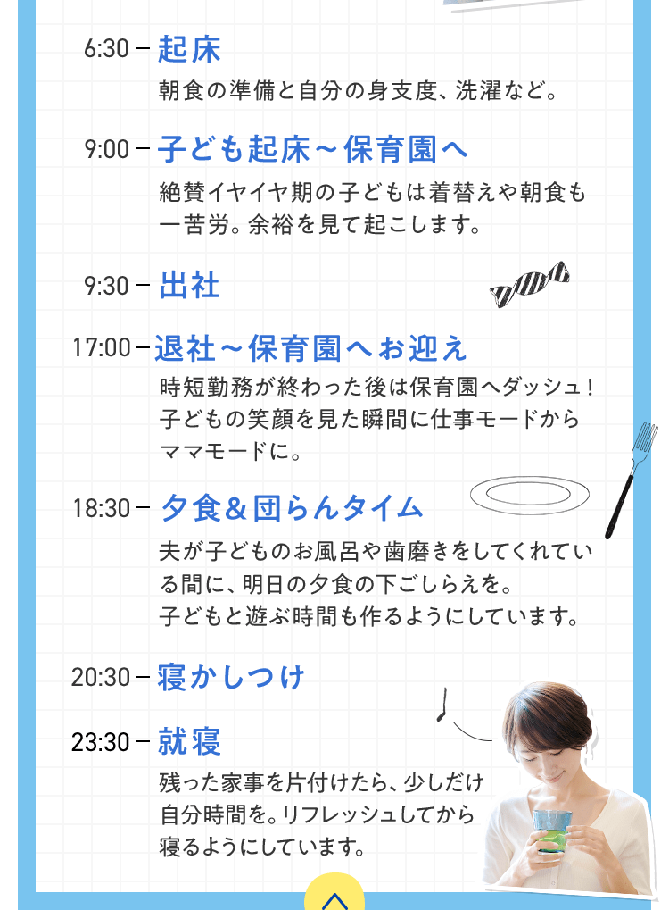 6:30-起床 朝食の準備と自分の身支度、洗濯など。 9:00-子ども起床～保育園へ 絶賛イヤイヤ期の子どもは着替えや朝食も一苦労。余裕を見て起こします。 9:30-出社 17:00-退社～保育園へお迎え 時短勤務が終わった後は保育園へダッシュ！子どもの笑顔を見た瞬間に仕事モードからママモードに。 18:30-夕食&団らんタイム 夫が子どものお風呂や歯磨きをしてくれている間に、明日の夕食の下ごしらえを。子どもと遊ぶ時間も作るようにしています。 20:30-寝かしつけ 23:30-就寝 残った家事を片付けたら、少しだけ自分時間を。リフレッシュしてから寝るようにしています。